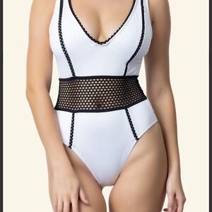 White One-Piece Swimsuit with Black Mesh Detail